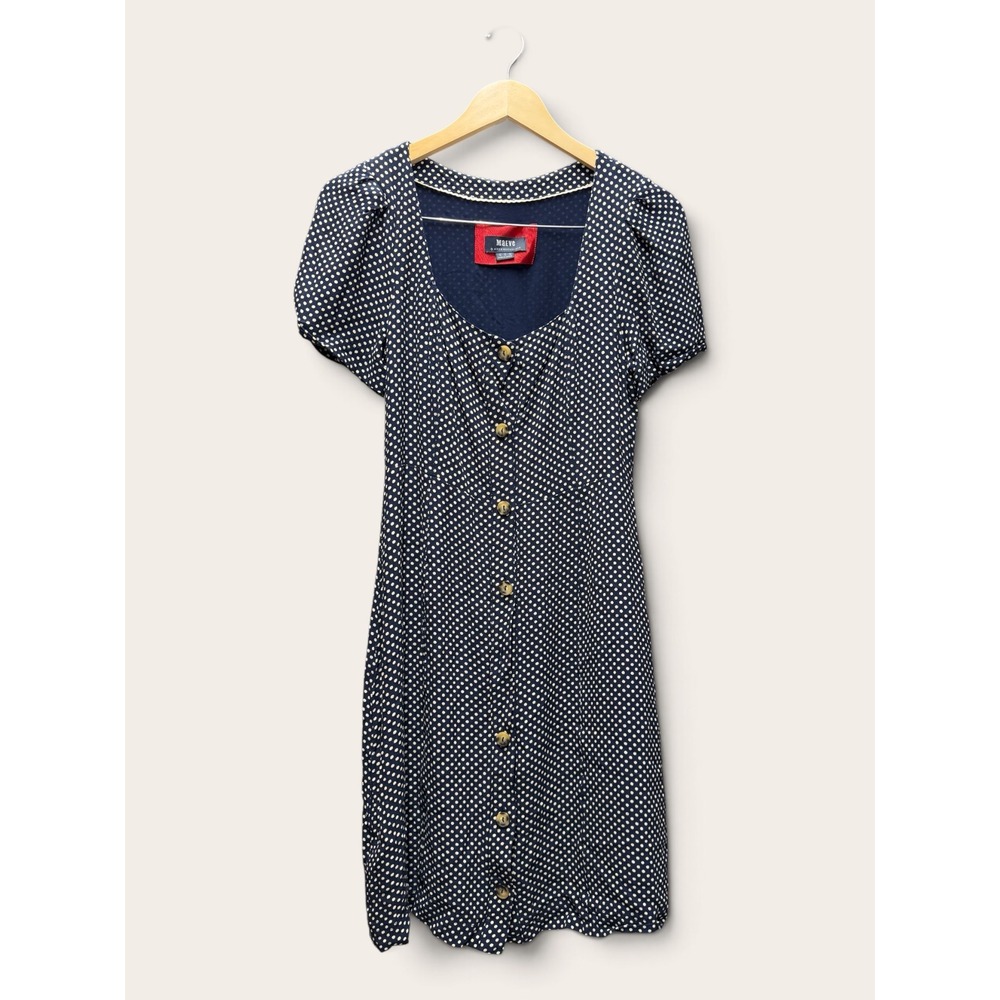 Maeve Anthropologie Navy Blue Polka Dot Button Front Puff Sleeve Mini Dress 10 - Picture 1 of 4